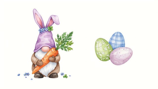 Watercolor of a cute easter gnome holding a carrot and a small cluster of colorful painted easter eggs, white background