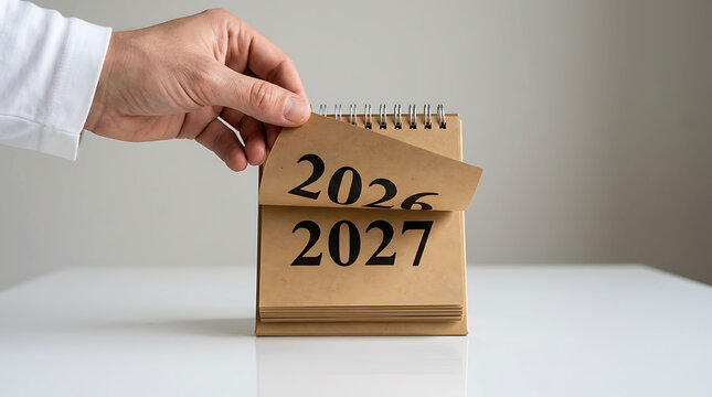 Person flipping calendar page from 2026 to 2027 concept on white table surface