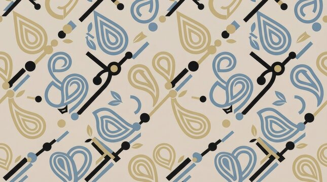 Abstract seamless pattern with stylized paisley motifs and linear geometric in blue and tan on a light cream background
