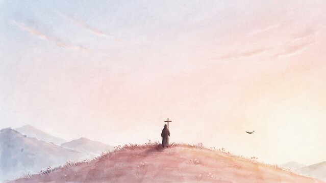 Watercolor painting of a person holding a cross standing on a hilltop at sunrise with soft pastel colors