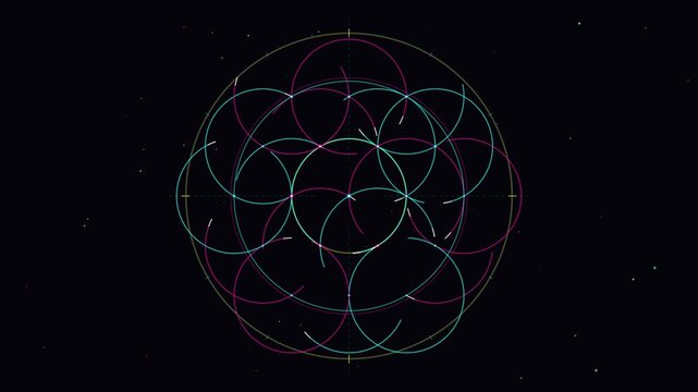 Abstract geometric animation with glowing neon circles and sacred geometry patterns rotating against a dark background