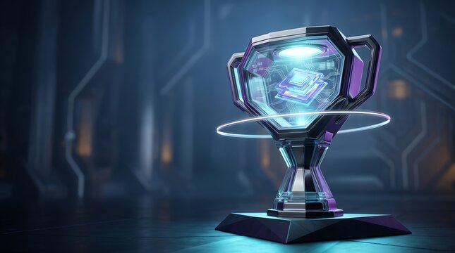Futuristic glass trophy containing a glowing computer chip representing innovation technological breakthrough and high performance in the engineering industry 3D render