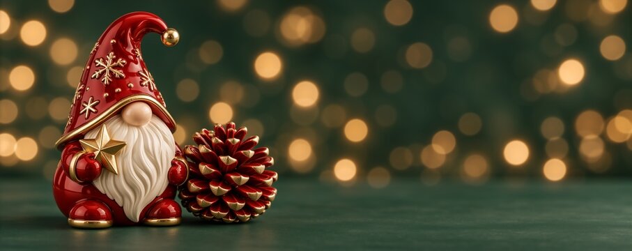 Ceramic Christmas gnome figurine holding star beside red pine cone on green table. Holiday tomte ornament with bokeh lights. Banner with copy space