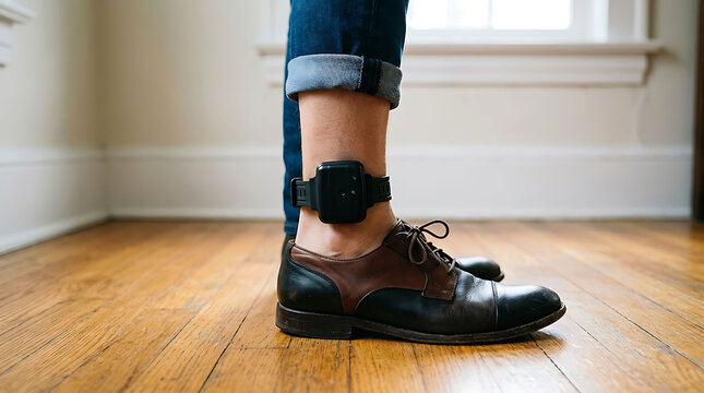 Close-up of a person wearing an electronic ankle monitor tracker on the leg