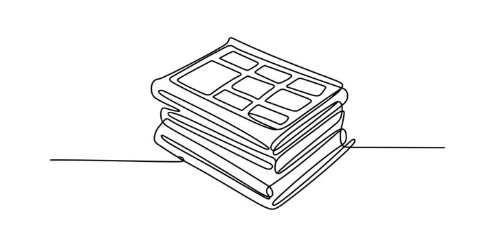 Continuous single line drawing of a stack of newspapers or magazines