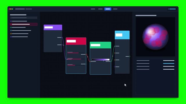 Digital node workflow software windows displayed on green screen