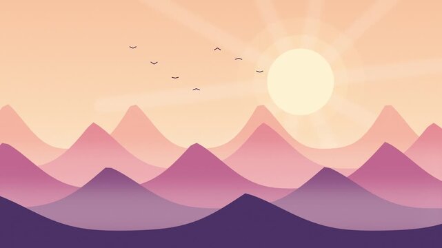 Minimalist digital art animation showing birds flying over purple mountain peaks during beautiful golden sunset