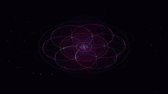 Glowing sacred geometry pattern with intersecting lines rotating in space