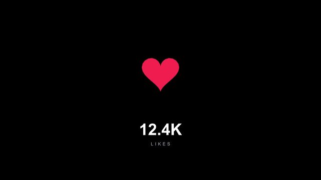 Social media heart button animation with like counter increasing from twelve thousand on black background