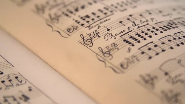 Vintage sheet music with handwritten lyrics 'Praise ye the Lord' in close-up, shallow depth of field and warm lighting