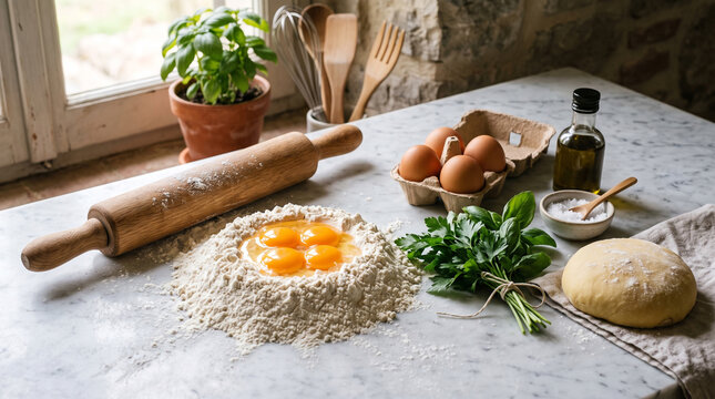 Fresh pasta ingredients with flour and eggs on a marble kitchen countertop