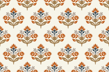 Folk floral Ikat seamless pattern with stylized botanical motifs in rust orange, taupe and navy on cream background, vintage textile design for fabric, wallpaper and home decor © opart