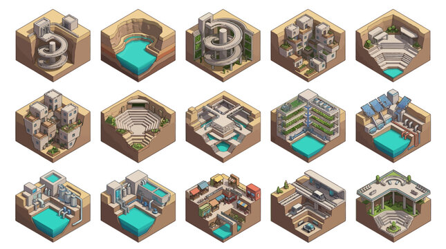 Industrial Isometric Illustrations of Modern Underground and Multi Level Architectural Designs with Pools Buildings and Landscaping