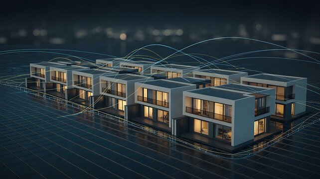 Modern residential buildings with illuminated windows and smart energy connections at night