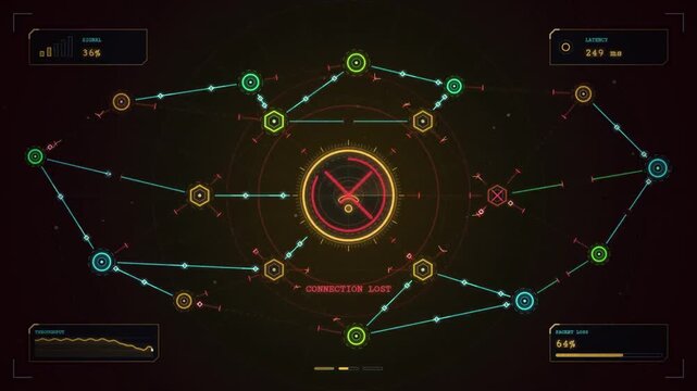 Network connection lost animation, glowing outline node network with Wi-Fi icon, broken links and data packets, signal drops then reconnects, cyan to red color shift, HUD panels, seamless loop 4K