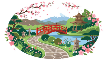 Fototapeta premium Japanese garden landscape with red bridge and cherry blossoms.