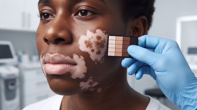 Black patient with vitiligo on face being matched with skin tone color chart by dermatologist