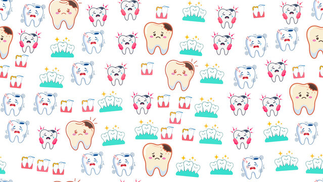 Cartoon teeth pattern with dental issues