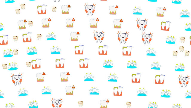 Cartoon teeth pattern with various dental conditions
