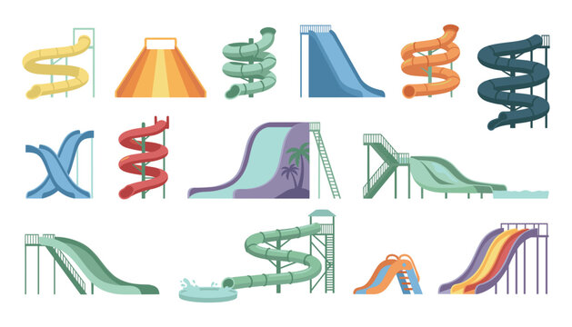 Water slides vector collection featuring colorful aquapark equipment spiral tubes steep ramps and family fun swimming pool attractions