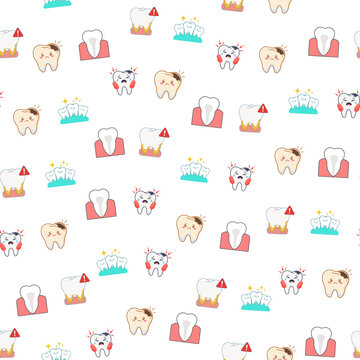 Seamless pattern of cartoon teeth with different expressions