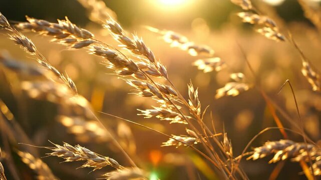 Golden Wheat Field Swaying in Gentle Breeze at Sunset, Warm Sunlight Rays, Nature Serenity