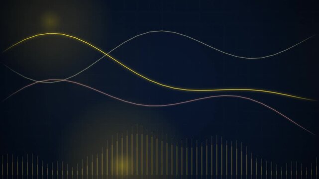 Abstract dark grid background with glowing golden wave lines, volume bars at the bottom, and soft bokeh lights. This seamless motion graphic loop is ideal for finance videos.