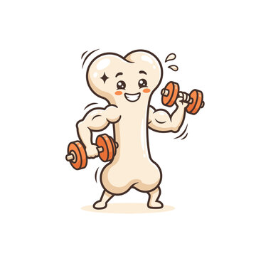 Cute cartoon bone character with a smiling face lifting dumbbells, showing strong muscles and sweating from exercise, symbolizing bone health and strength.