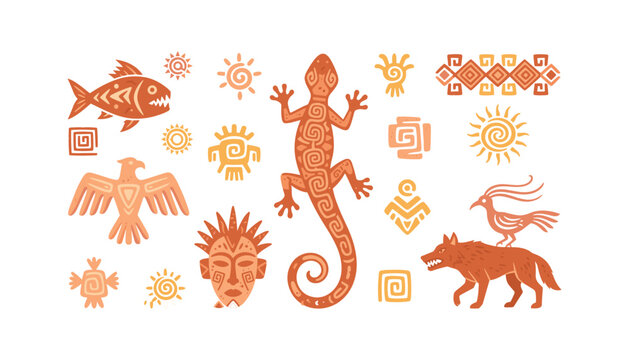 Indigenous tribal ethnic symbols vector set featuring hand drawn lizard wolf eagle mask sun and traditional geometric patterns