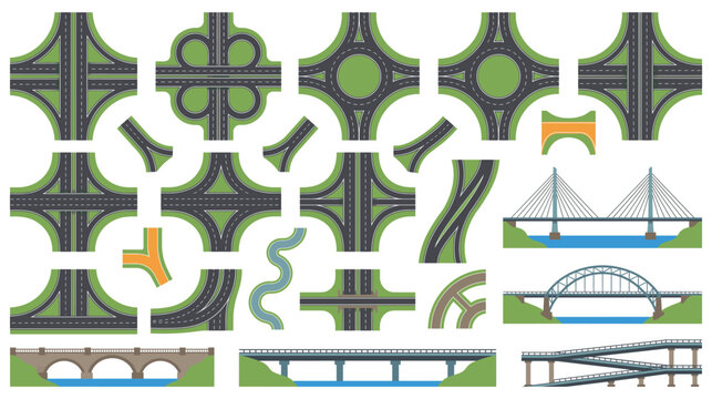 Modern highway interchanges and bridge construction vector elements.