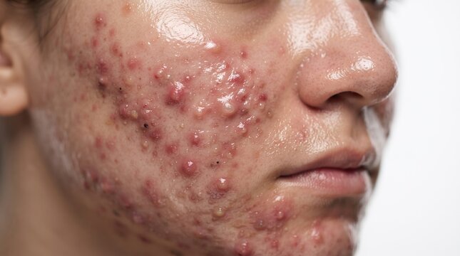 Close Up Of Face Suffering From Severe Cystic Acne And Pustules