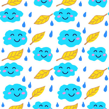 Cute seamless pattern with clouds, rain drops and leaves