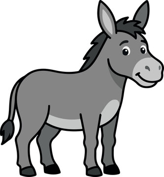 Cute grey donkey cartoon mascot character standing profile view isolated on white background