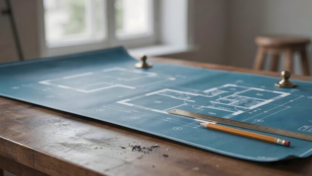 Architectural blueprints on a wooden table with a pencil and ruler