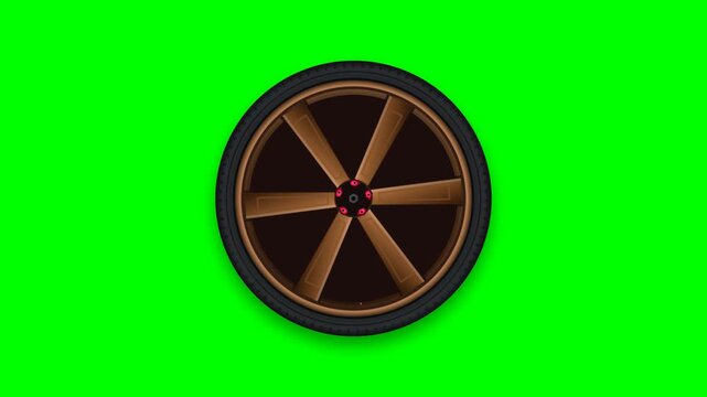 A car wheel with a deep-dish bronze 6-spoke rim, extended tuner lug nuts, and a glowing red-hot slotted rotor, spinning at high speedisolated on a chroma green background.