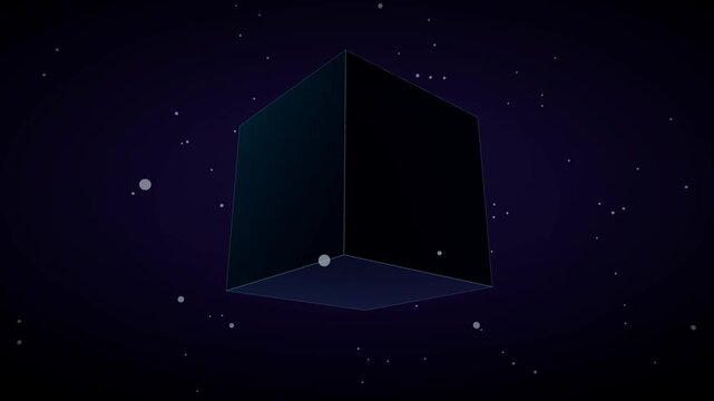 A sleek metallic 3D cube rotating slowly in space, lit by two orbiting colored lights. Deep gradient background with fine dust particles. 15-second seamless loop, 360&deg; rotation. 2