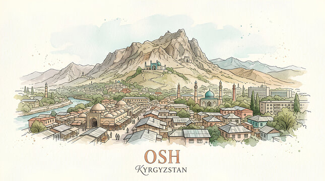 Panoramic view of Osh city nestled at the base of dramatic mountain range in Kyrgyzstan showcasing historic architecture and