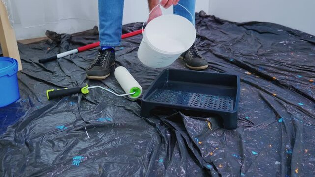 Person pours white paint into a roller tray beside painting tools on a protected floor, preparing materials for paint application, DIY decorating and hands-on apartment renovation work.
