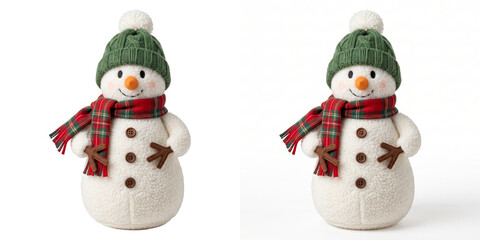 Snowman pair with green knit beanie and plaid scarf in a PNG file isolated on a transparent background for commercial holiday design projects © Graphen