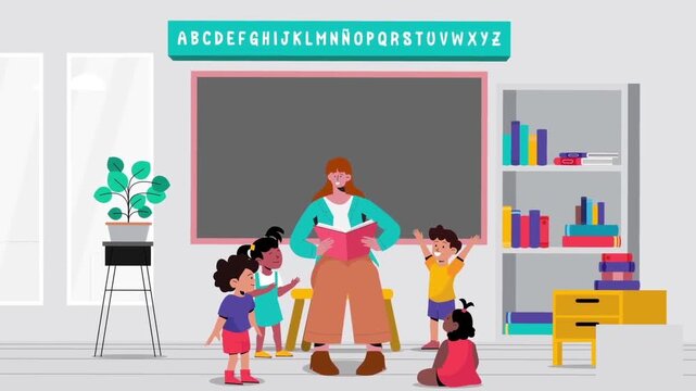 Teacher reading a storybook to attentive children in bright colorful animated classroom video footage clip