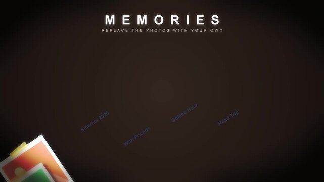 Animated memories photo album template with floating pictures against dark minimalist background modern design