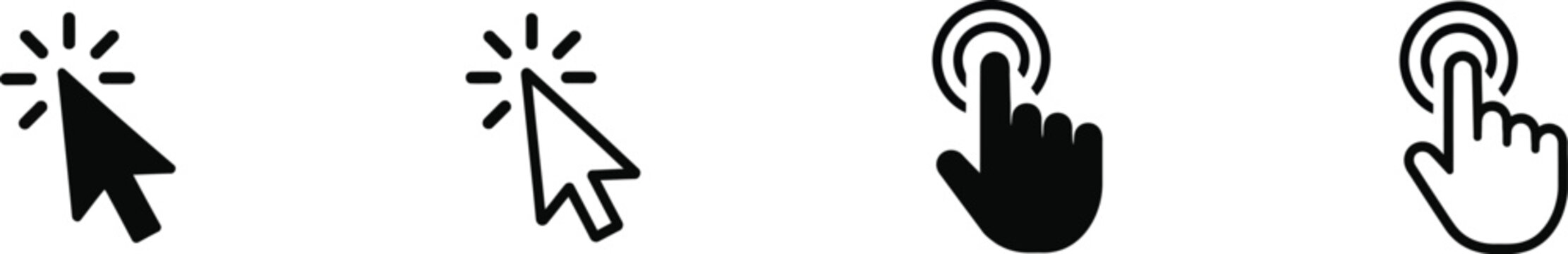 Cursor and hand touch icons black silhouettes on a white background