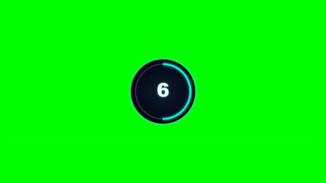 High-impact chromakey green screen 10 seconds countdown timer motion graphics overlay with glowing neon progress ring and audio spectrum bars for game intros, product drops, auctions and live streams