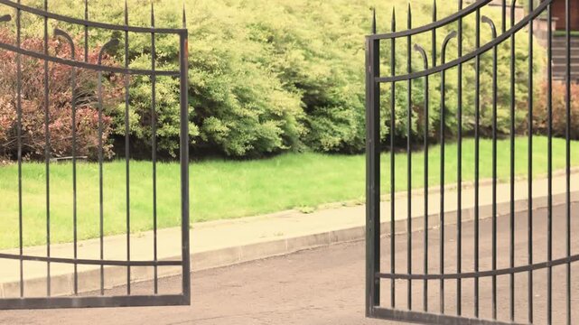 Ornamental black iron gate opens onto a landscaped driveway at suburban home
