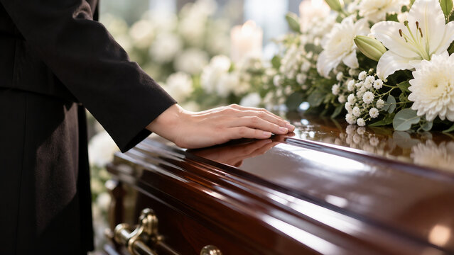 Mourner Resting Hand on Coffin During Funeral Ceremony
