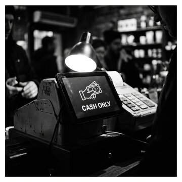 Black and white vintage cash register with digital screen displaying cash only sign in a retail cafe setting.