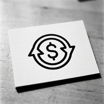 Minimalist business card featuring a black dollar sign icon with circular exchange arrows on white paper over wood.