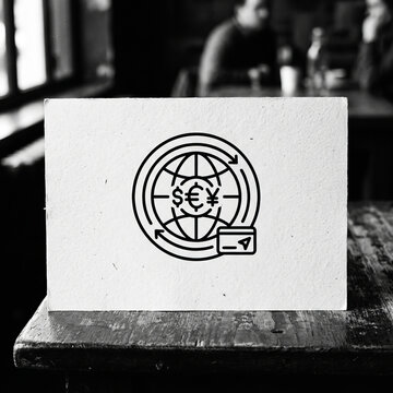 Global Finance Icon on White Card Featuring Currency Symbols and Credit Card on Rustic Wooden Table Interior