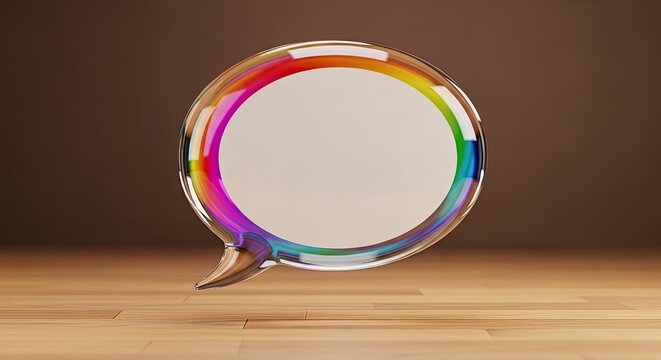 Colorful Speech Bubble with Rainbow Edges on Wooden Surface.