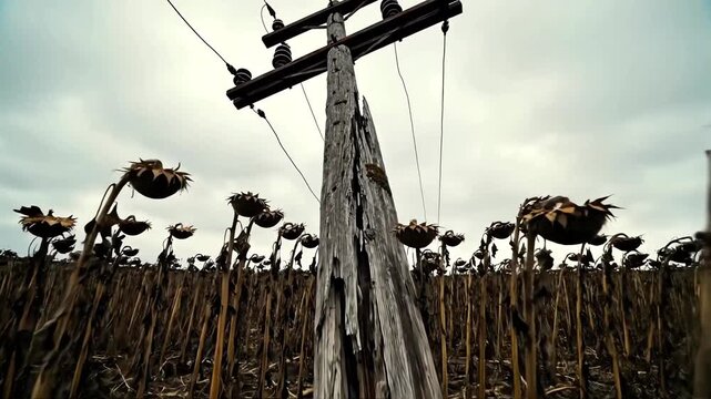 Camera moves forward through field of dead withered sunflowers under gloomy cloudy sky past old wooden utility pole, showing agricultural drought, crop failure, season end, natural decay.